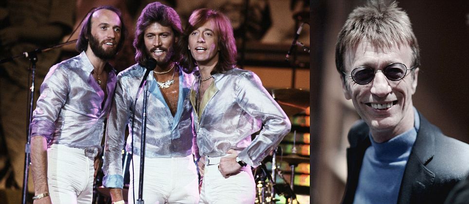 Bee Gees in the 1970's and Robin Gibb to the right recently