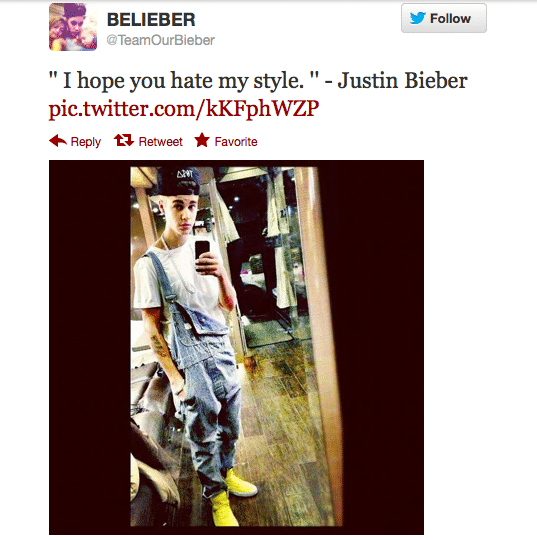 Justin Bieber overalls via twitter
