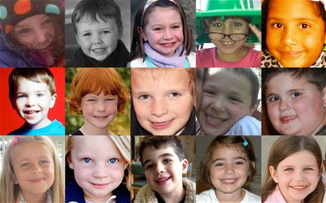 (Top row from left) Charlotte Bacon, Daniel Barden, Olivia Engel, Josephine Gay, Ana Marquez-Green. (Middle row from left) Dylan Hockley, Catherine Hubbard, Chase Kowalski, Jesse Lewis, James Mattioli. (Bottom row from left) Grace McDonnell, Emilie Parker, Noah Pozner, Caroline Previdi, Jessica Rekos