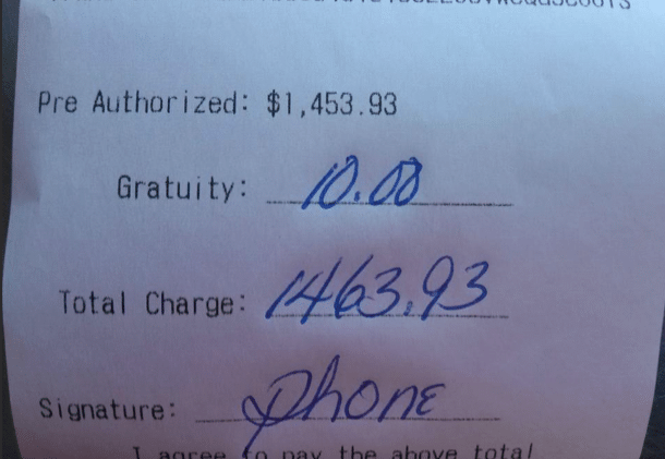 Pizza delivery tip of $10 on $1463 bill
