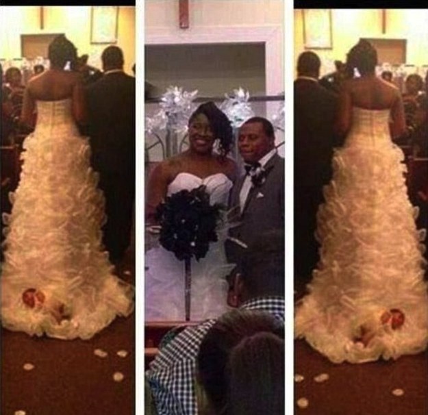Bride ties newborn baby on her wedding dress gown, drags her down aisle.