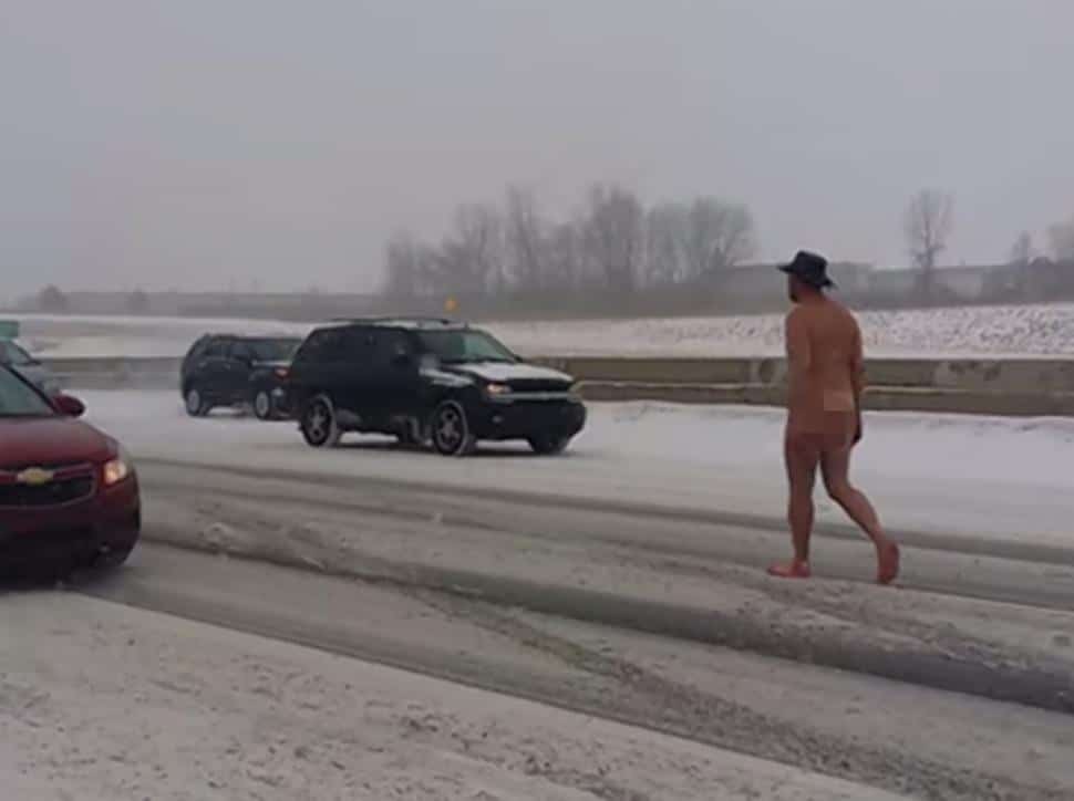 Naked Michigan man in cowboy hat walks down I-75
