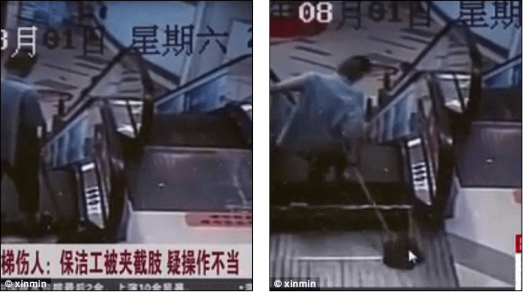 Shanghai shopping mall cleaner leg ripped off escalator