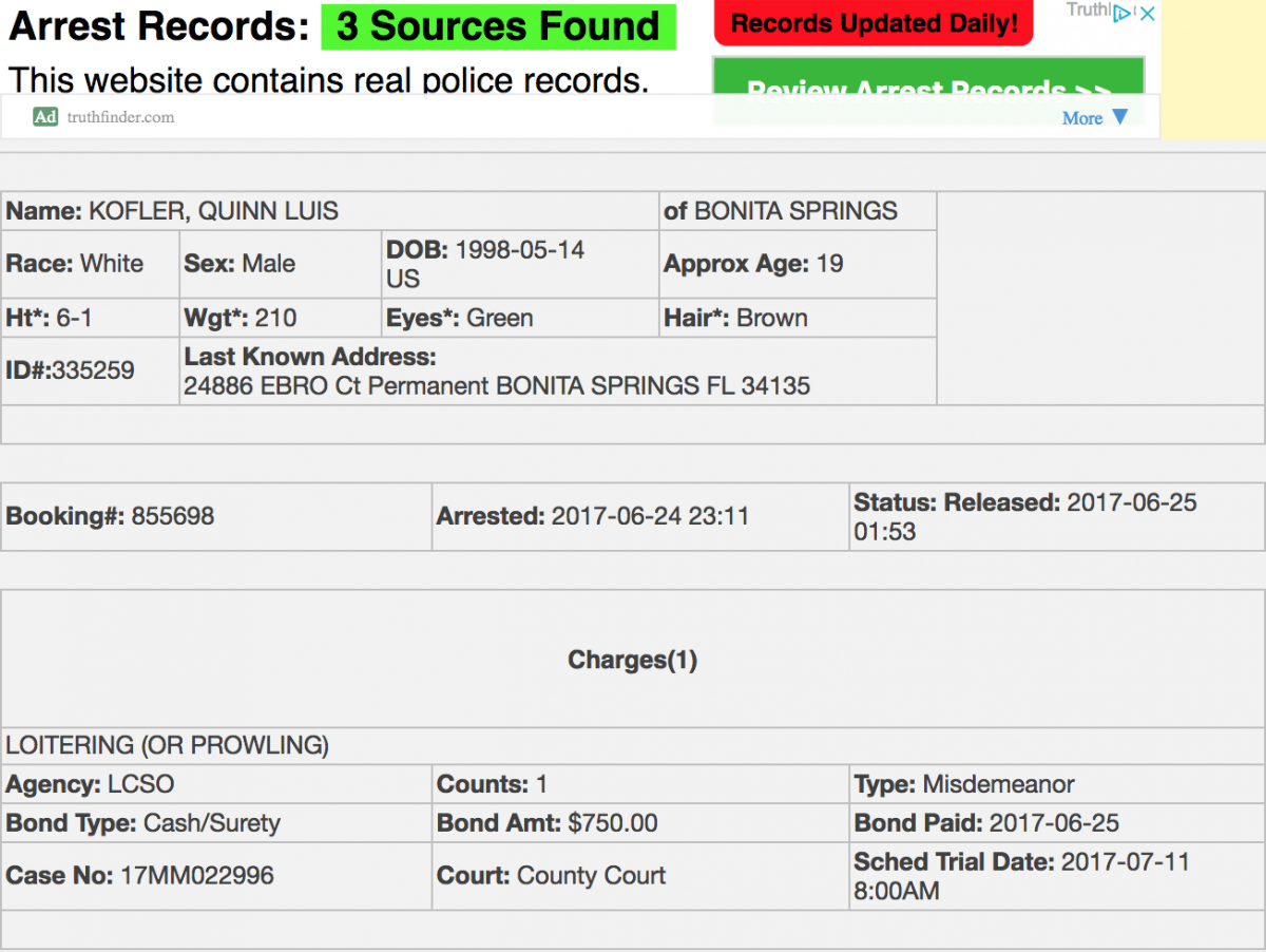 Quinn Kofler arrest records