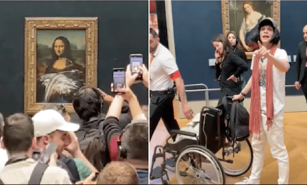 Man throws cake at Mona Lisa painting Louvre in Earth Day protest