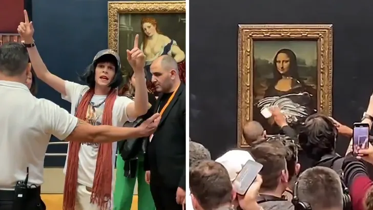 Man throws cake at Mona Lisa painting Louvre in Earth Day protest