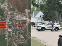 Laurel Nebraska explosions lead to 4 shot dead, fires at 2 homes. Cedar County officials inspect scene wearing hazmat suits. Image via social media.