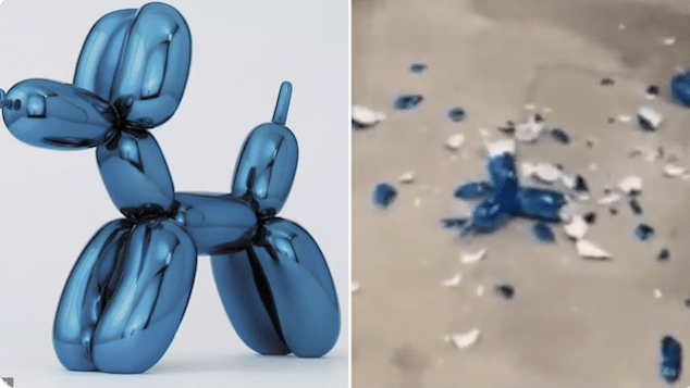 Jeff Koons balloon dog sculpture broken Miami