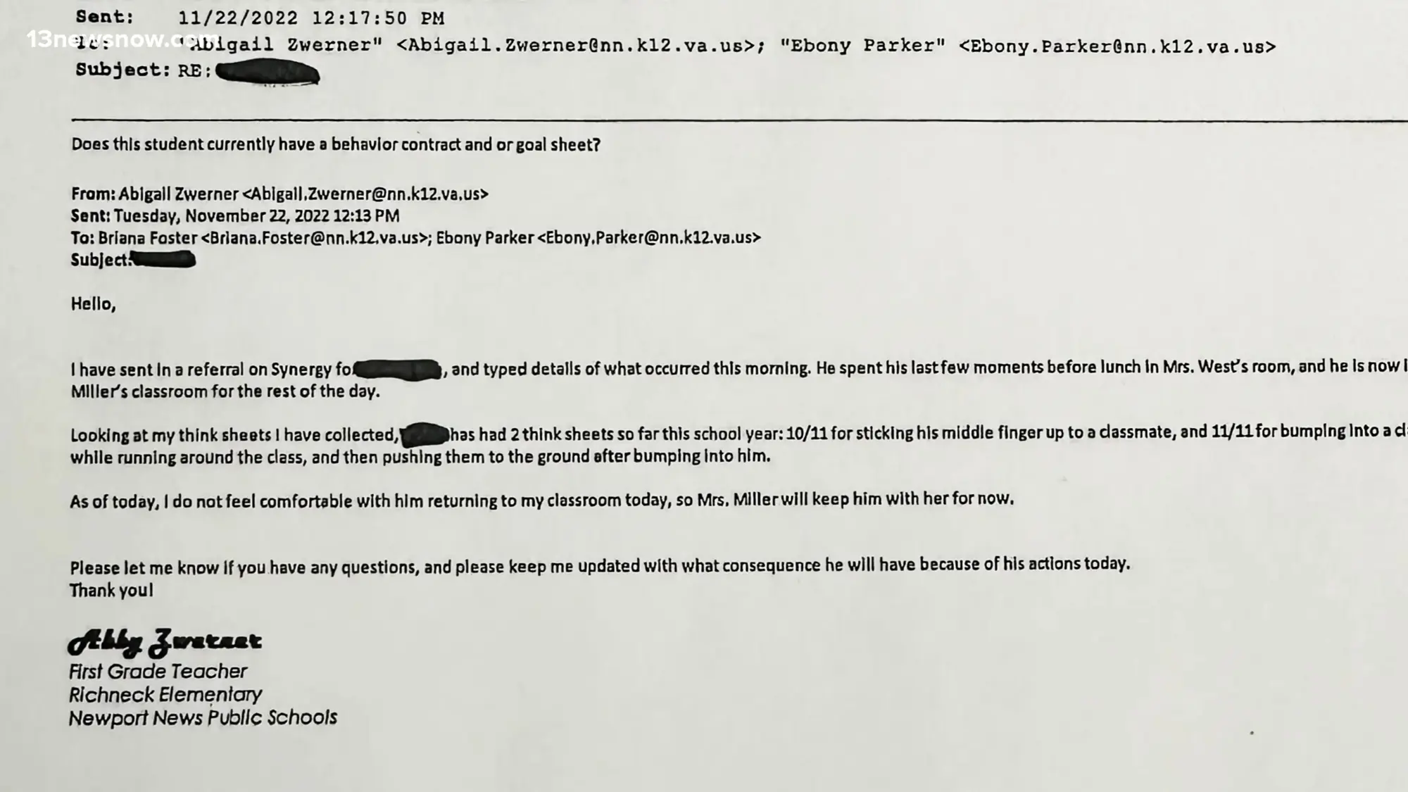 Abigail Zwerner emails complaining about 6 year old boy's behavior