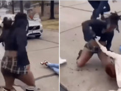 Maurnice DeClue Hazelwood East High School student beats female student Kailee concrete ground.