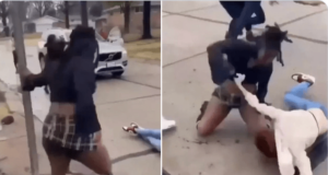 Maurnice DeClue Hazelwood East High School student beats female student Kailee concrete ground.