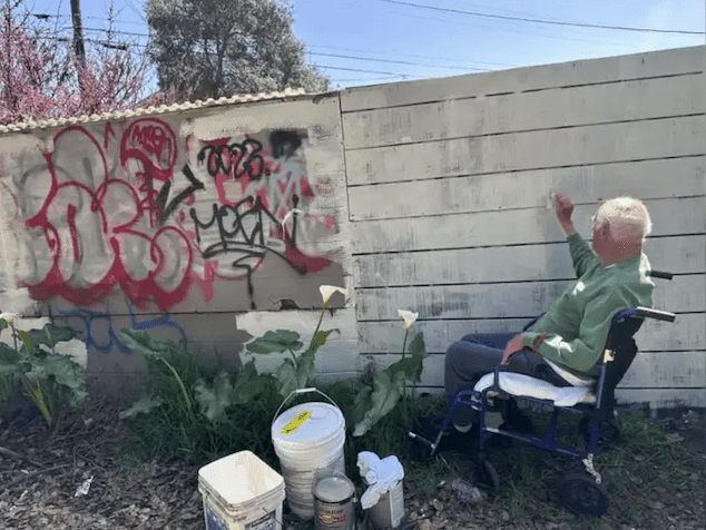 Victor Silva, 102 year old Oakland, California man in wheelchair ordered to clean up graffiti or pay fines.