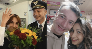 Captain Konrad Hanc LOT Polish Airlines pilot proposes to flight attendant girlfriend mid-flight in front of passengers.