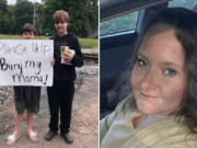 Kayden Ely Georgia 11 year old boy holds sign to pay for mother's funeral and burial costs.