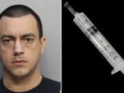 Sean Edward Uribe, Miami, Floria man arrested squirting 'unknown white liquid' to girl's buttocks in clothing store with medical syringe.