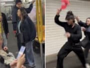 Woman tries to grab MAGA hat off man’s head on NYC subway