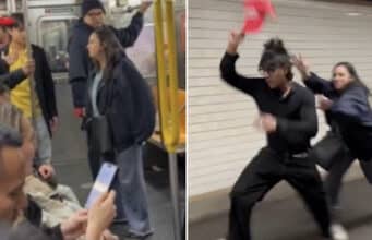Woman tries to grab MAGA hat off man’s head on NYC subway