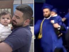 University of Buffalo graduate Jean Paul Al Arab goes on stage with baby son to accept diploma only to be chased by police.