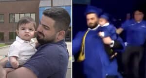 University of Buffalo graduate Jean Paul Al Arab goes on stage with baby son to accept diploma only to be chased by police.