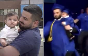University of Buffalo graduate Jean Paul Al Arab goes on stage with baby son to accept diploma only to be chased by police.