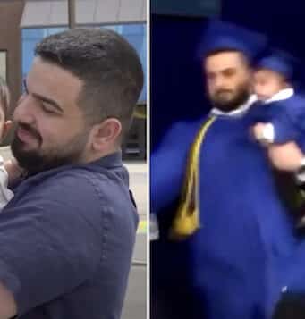 University of Buffalo graduate Jean Paul Al Arab goes on stage with baby son to accept diploma only to be chased by police.