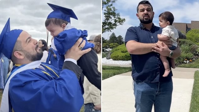 University of Buffalo graduate Jean Paul Al Arab goes on stage with baby son to accept diploma only to be chased by police.