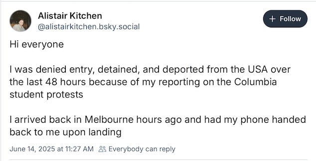 Was Alistair Kitchen, Australian writer deported from the US for his political views?