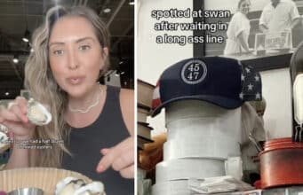 Kat Ensign food influencer shares image of MAGA hat at San Francisco's Swan Oyster Depot.