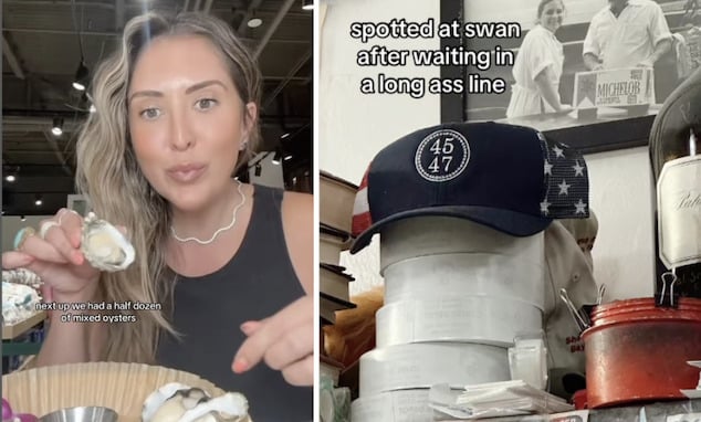 Kat Ensign food influencer shares image of MAGA hat at San Francisco's Swan Oyster Depot.