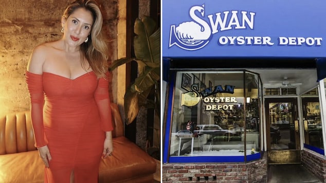 Kat Ensign food influencer shares image of MAGA hat at San Francisco's Swan Oyster Depot.