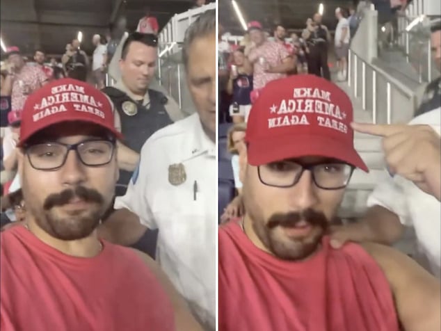 Michael Weitzel St Louis fan wearing MAGA hat escorted out of St Louis stadium