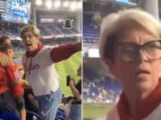 Phillies Karen caught in viral video stealing souvenir home run ball from boy at stadium during Miami Marlins and Phillies baseball game.