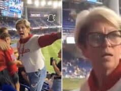 Phillies Karen caught in viral video stealing souvenir home run ball from boy at stadium during Miami Marlins and Phillies baseball game.