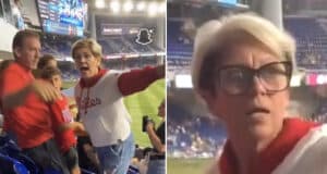 Phillies Karen caught in viral video stealing souvenir home run ball from boy at stadium during Miami Marlins and Phillies baseball game.