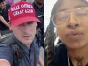 Cam Higby conservative activist pepper sprays woman trying to take off his hat during Fearless Tour debate.