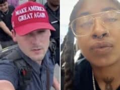 Cam Higby conservative activist pepper sprays woman trying to take off his hat during Fearless Tour debate.
