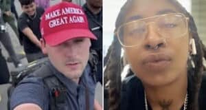 Cam Higby conservative activist pepper sprays woman trying to take off his hat during Fearless Tour debate.