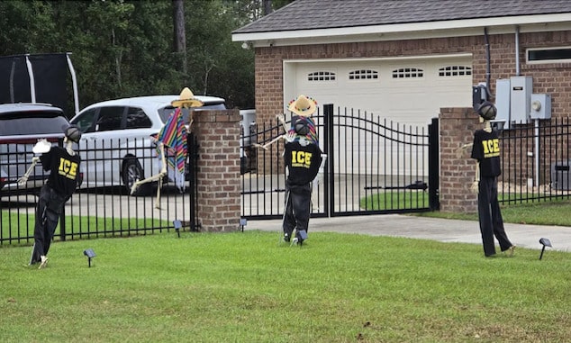 Mobile county Sheriff Paul Burch ICE Halloween display featuring fleeing Mexican skeletons being chased by ICE agents leads to accusations of racism