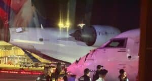 Two Delta planes collide into each other taxiing at LaGuardia Airport involving Endeavor Air CRJ-900 regional jets.