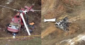 Hammonton NJ helicopter crash leaves pilot dead, other injured after two choppers colliding mid air.
