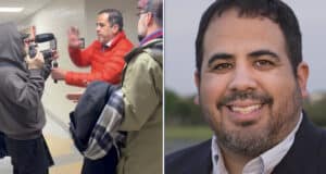 Luke Perez Ohio State University (OSU) professor placed on leave attacking and wrestling camera man during interview with former OSU president, E. Gordon Gee.