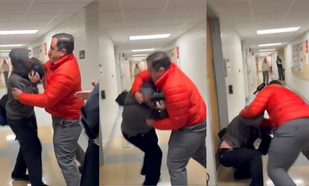 State University (OSU) professor placed on leave attacking and wrestling camera man during interview with former OSU president, E. Gordon Gee.