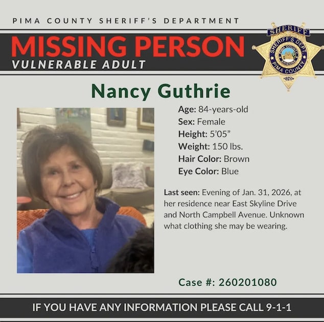 Savannah Guthrie mom missing: Nancy Guthrie mystery disappearance from Tucson, Arizona home as concerning evidence points to crime scene and potential foul play.