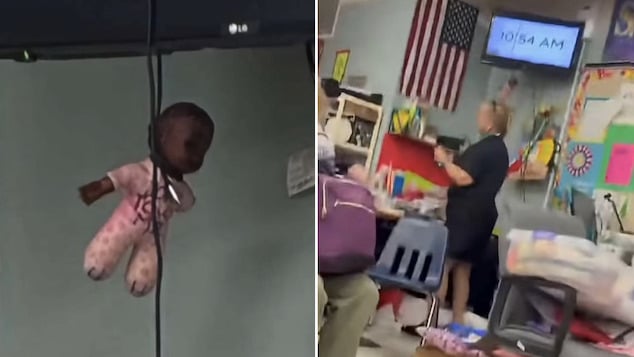 Karen Whitmire Savage Florida art teacher at Barrington Middle School hangs black doll in art class